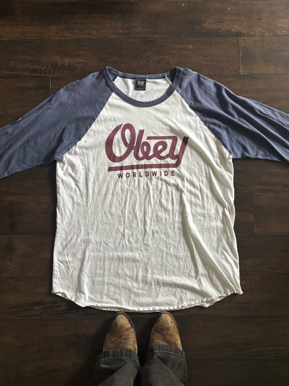 Obey White Baseball Raglan Tee with Navy Sleeves and Maroon Logo